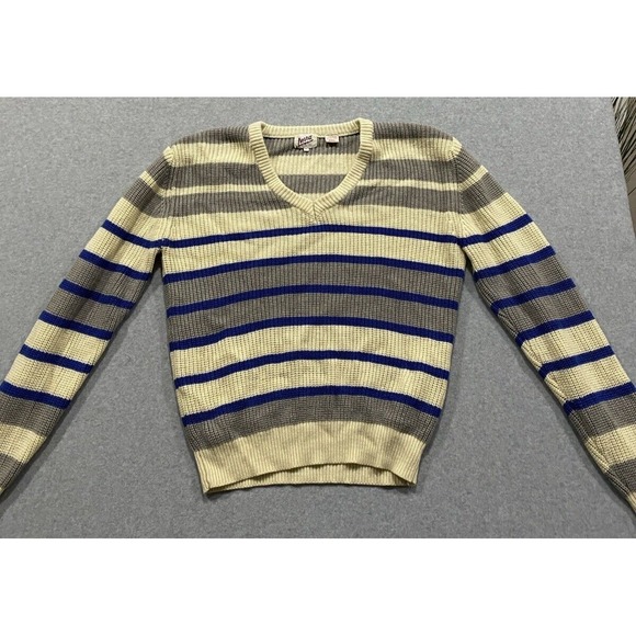 Modzori Sweaters - MODZ V-Neck Sweater Cream, Gray and Royal Blue Stripe Size Large Women's Vintage